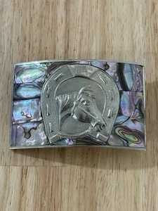 Vintage 80er Alpaka Mexico Gürtelschnalle Abalone Inlay Silber/Nickel Pferd Western - Bild 1 von 2