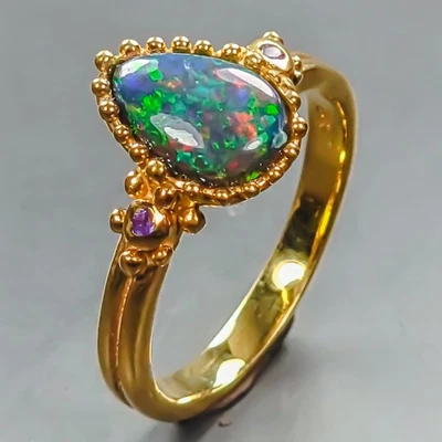 Handmade Natural Black Opal Ring 925 Sterling Silver Size 7 /R443025 - Image 1 of 4