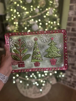 PIER 1 IMPORTS Pier 1 Swirl Christmas Tree Glass Serving Tray Fused Whimsical Holiday NWT
