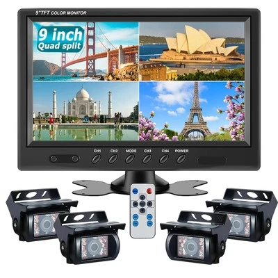 9" Quad Split Monitor 800*480 CCD Backup Camera for Truck Bus Trailer Caravan RV - Image 1 of 4