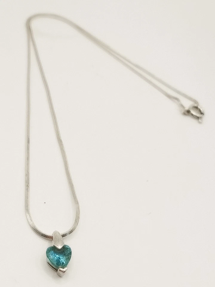 Collana Donna Argento 925 Ciondolo Cuore Acquamarina? Topazio? Zircone Cubico? - Immagine 1 di 4