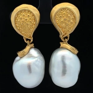 Denise Roberge Gold GIA LARGE 20mm Semi Baroque Pearl Textured Clip On Earrings - Picture 1 of 14