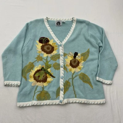 Cárdigan Suéter Tejido Storybook Para Mujer 2X Azul Girasol Abeja Ramie Cottagecore Foto 1 de 4