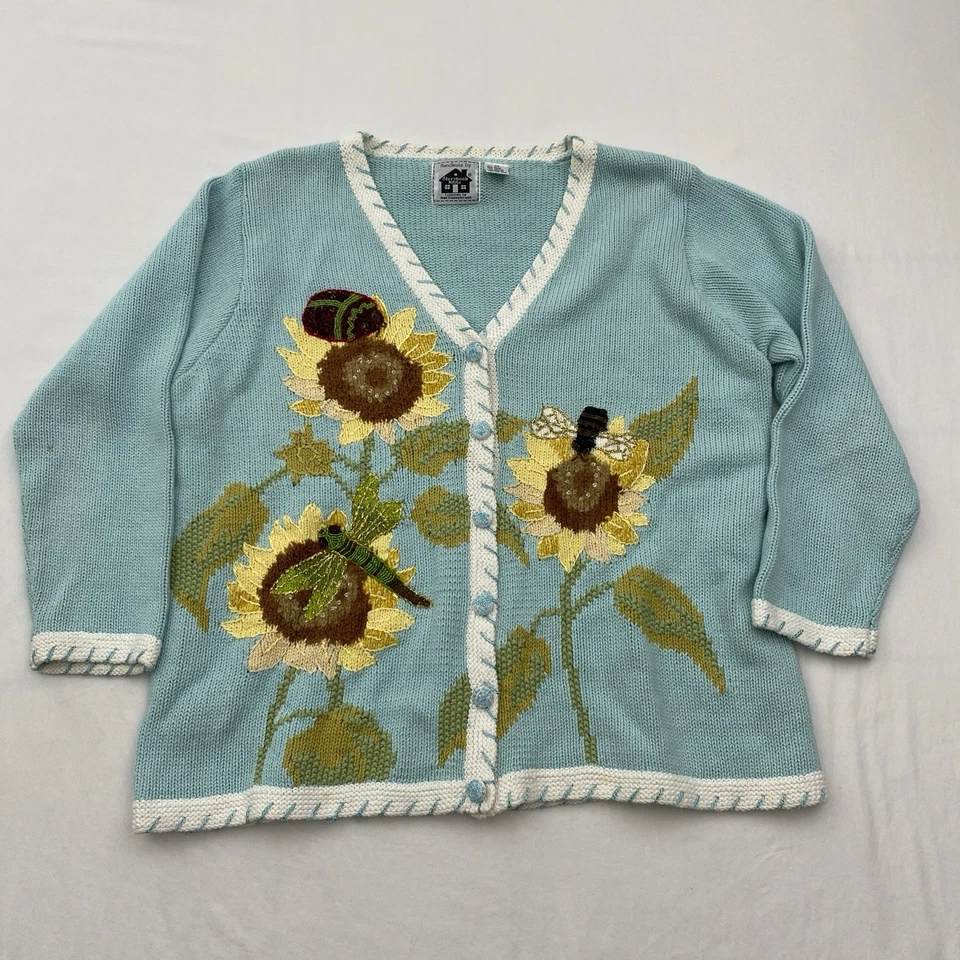 Storybook Knits Sweater Cardigan Womens 2X Blue Sunflower Bee Ramie Cottagecore - Image 1 of 4