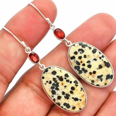 Natural Dalmatian & Garnet 925 Sterling Silver Earrings Jewelry E-1002 - Image 1 of 4