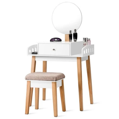 WOODMAN Vanity Makeup Dressing Table Stool Set Round Mirror W/1 Drawer - Image 1 of 4