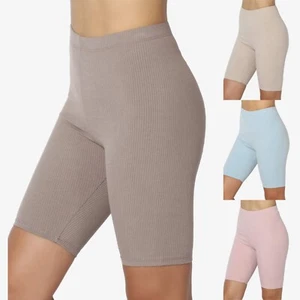 TheMogan Junior's Anti Cellulite Ribbed High Rise Mid Thigh Basic Biker Shorts - Picture 1 of 38