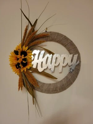 HAPPY Sunflower Foxtail burlap WREATH FALL autumn Decor Front Door 15" orange - Image 1 of 4