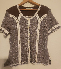 PRETTY HANDMADE PERU ORGANIC COTTON Knit W/Crochet SHORT SLEEVE TOP SMALL boho 