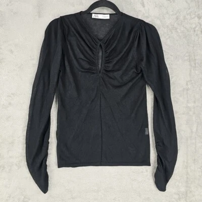 Top de malla Zara para mujer M negro cuello de cerradura mangas acanaladas elástico transparente grunge Foto 1 de 4