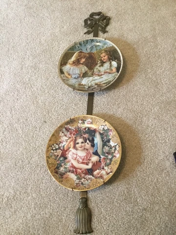 Vintage Plates On Brass Hanger Girl Boys Keepsakes Romantic 8 Inch Collectible Cover