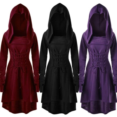 Women Costumes Lace Up Hooded Vintage Pullover High Low Bandage Dress Cloak J2 - Image 1 of 4