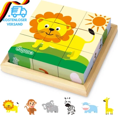 BESUCHE DEN JAPACE-STORE Japace Würfelpuzzle Holz, 3D Bilderwürfel Puzzlespiele 6 in 1 Tier-Motive Holzpu