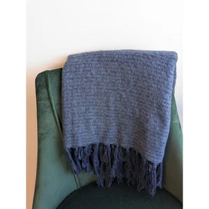 West Elm 46x53 Tassle Fringe Throw Blanket Navy Blue Fuzzy Knit Cozy Decor - Picture 1 of 8