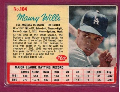 1962 Post #104, Maury Wills, Los Angeles Dodgers, separación parcial Foto 1 de 2