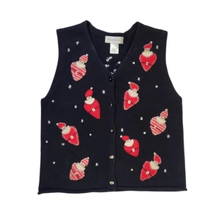 Susan Bristol Vtg Christmas Santa Heart Elves Embroidered Sweater Vest Black S - Picture 1 of 9