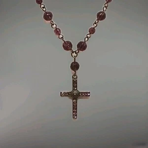 Pink Crystal Cross Pendant Necklace Purple Facet Bead Chain Christian Jewelry - Picture 1 of 7