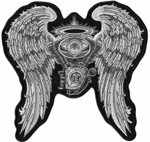 Halo Angel Wings Aufnäher 10 Zoll | großer realistischer Flügel & Motorradmotor bestickt - Bild 1 von 6