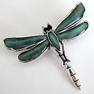 Broche, prendedor o colgante de libélula concha de abulón verde azulado de aleación de plata cristales negros - Imagen 1 de 2