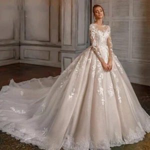 Luxury A-Line Wedding Dresses Scoop Neck Long Sleeved Lace Applique Bridal Gowns - Picture 1 of 8