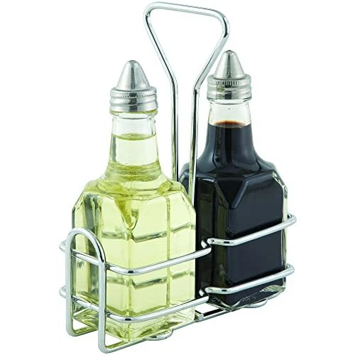 WinCo G104S 6 Oz Oil and Vinegar Cruet Set With Chrome Rack and Two Bottles