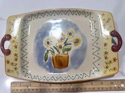 Serving tray W/handle Pistoulet- 11" Nesting Yellow & Blue Sunflowers Rectangle - Image 1 of 4