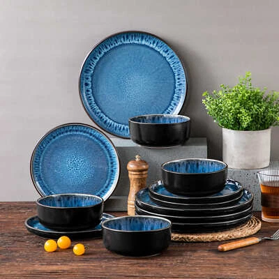 Geschirrset glänzend blau 6/12 Personen Steingut 18/36-tlg. Keramik Steinzeug - Bild 1 von 4