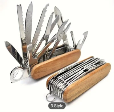 NAVAJA DE BOLSILLO MILITAR ESTILO SUIZO, multifunción con 15 herramientas, mango de madera, NUEVA Foto 1 de 4