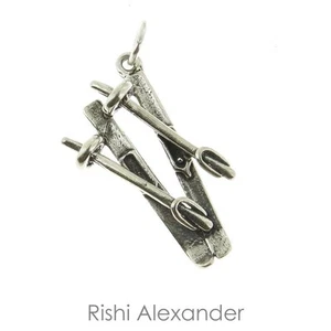 925 Sterling Silver Ski Poles and Skis Charm Made in USA - Picture 1 of 2