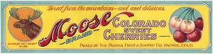 Original 1920s MOOSE Colorado sweet cherry crate label Paonia yellow bordered - Picture 1 of 1