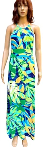 London Times Navy Multi Tropical Print Keyhole Maxi Halter Neck Dress Size 10 - Picture 1 of 8
