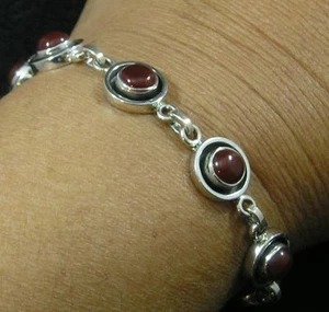 .925 Antikes STERLINGSILBER rundes dunkles KARNEOL Edelstein ARMBAND 8" - Bild 1 von 3