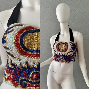 Vintage Sequin Dance Costume Circus Beaded Halter Top Bustier M/L - Picture 1 of 12