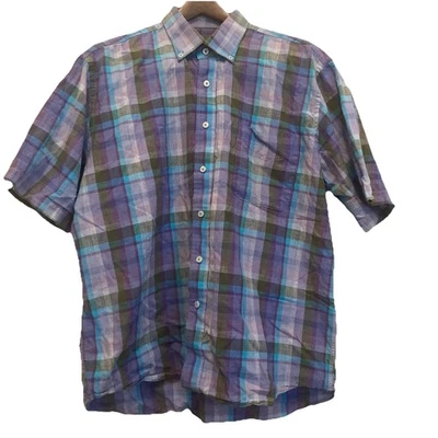 Alan Flusser Shirt Men’s XL Purple Plaid Short Sleeve Button Front Casual - Image 1 of 4