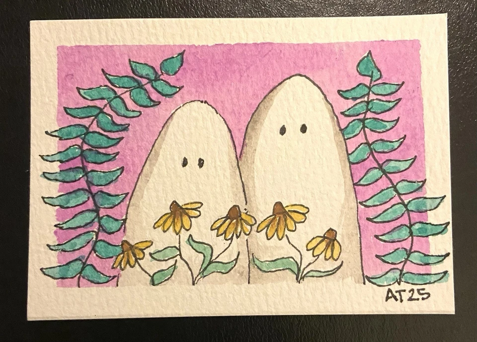 Ghosts with Floral ACEO Original Watercolor And Ink Art Card - Image 1 of 1