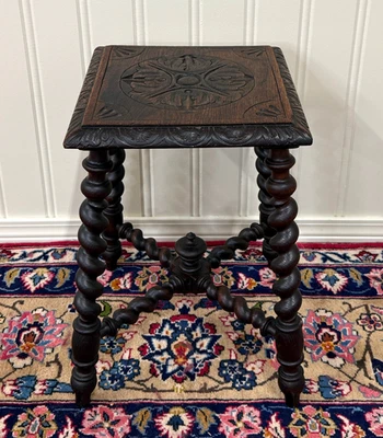 Antique English Stool Footstool Bench Carved Top Barley Twist Legs Oak c. 1920s - Image 1 of 4