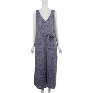 CALME by JOHNNY WAS Jumpsuit M Blue Print Cotton Sleeveless Wide Leg Tie Belt - Picture 1 of 9