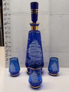 RARE VINTAGE BOHEMIA CRYSTAL COBALT BLUE DECANTER WITH 3 GLASSES-SAILING SHIPS - Picture 1 of 9
