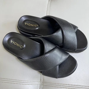 Sandalia Vionic Vesta para mujer 9 Slide Comfort de cuero negro - Imagen 1 de 6
