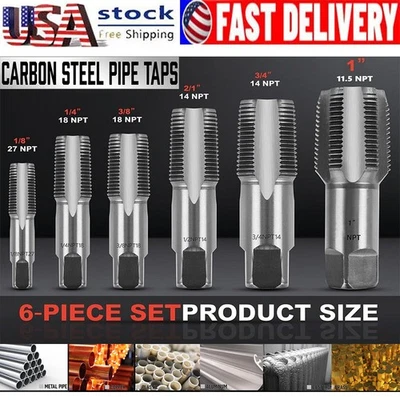 6 Piece NPT Taper Pipe Tap Set Carbon Steel Thread 1/8" 1/4" 3/8" 1/2" 3/4" 1" - Image 1 of 4