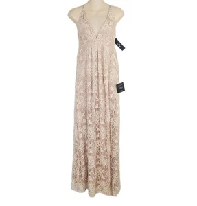 NEW Lulus Faux Wrap Maxi Dress XS Beige Lace Plunge Cross Back V-Neck Formal - Picture 1 of 12