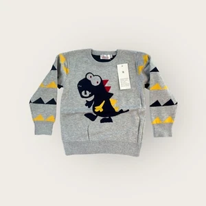 Boys Crew Neck Long Sleeve Sweater Dinosaur sz 6 Gray Navy Blue Garsumiss - Picture 1 of 1