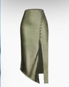 Micas Asymmetric Hem Slit Button Deco Skirt Olive Size XS NWT - Picture 1 of 5