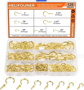 120Pcs Gold Cup Screw Hooks Kit 7 Sizes Self-Tapping Hanging Ceiling Hooks - Picture 1 of 12