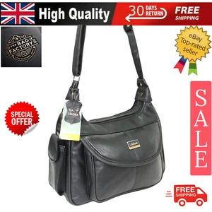 NEW WOMEN''S GENUINE REAL LEATHER SHOULDER BAG MULTI POCKETS HANDBAG LT16 UK - Picture 1 of 12