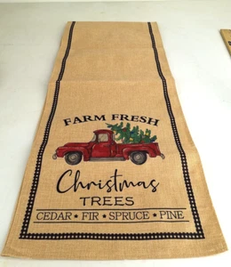Holiday Burlap Style Table Runner Christmas Tree Red Truck 13"x 68" - Imagen 1 de 4