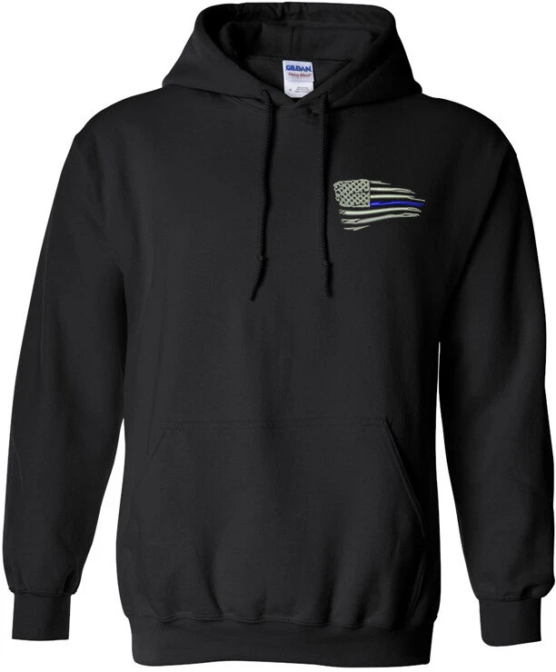 Distressed American Blue Line Flag Pullover Hoodie Embroidered - Image 1 of 1