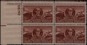 Scott 993 Plate Block of 4 - 3c - Rail Road Engineers - 1950 - MNH stock photo - Picture 1 of 1