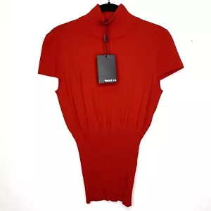 $255 NWT PAULE KA Paris Red Ribbed Mock Neck Cap Sleeve Knit Tee Shirt sz XL - Imagen 1 de 8