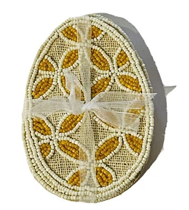Pier 1 Beaded Easter Egg Coasters Set of 4 Burlap Yellow And Beige Ivory Beading - Picture 1 of 9